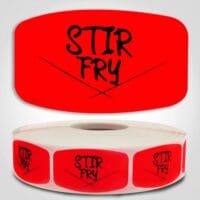 Stir Fry Label Red Dayglo Sticker on a roll of 1000 labels, reads Stir Fry in black print on red label