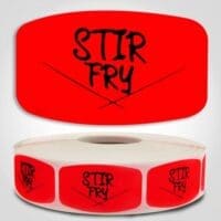 Stir Fry Label Red Dayglo Sticker on a roll of 1000 labels, reads Stir Fry in black print on red label