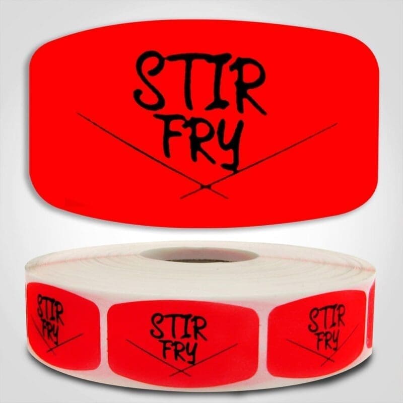 Stir Fry Label Red Dayglo Sticker on a roll of 1000 labels, reads Stir Fry in black print on red label