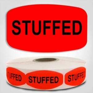Stuffed Label Red Dayglo Sticker on a roll of 1000 labels, reads Stuffed in black print on red label