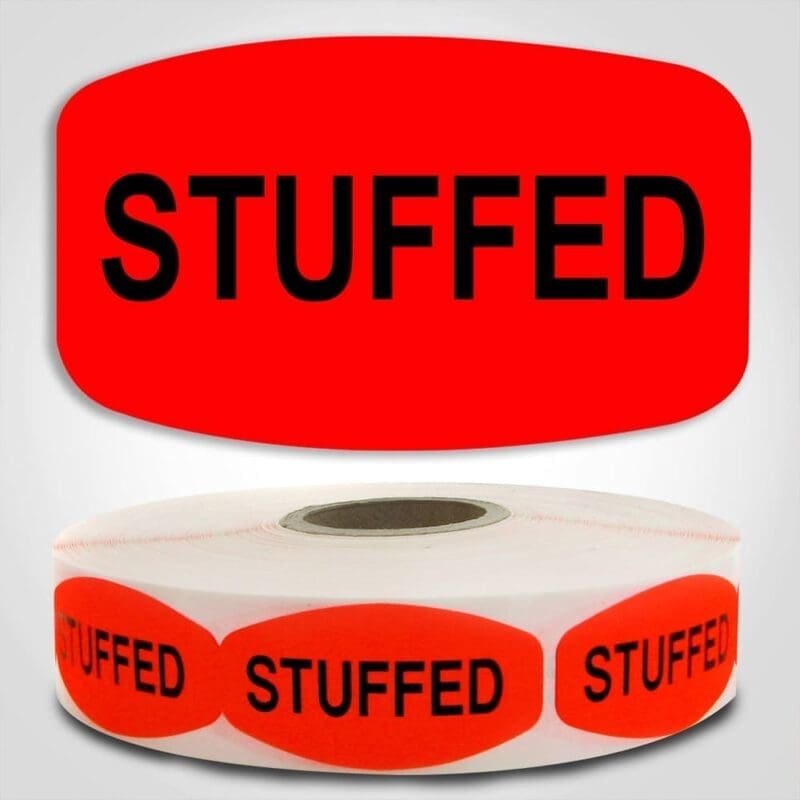 Stuffed Label Red Dayglo Sticker on a roll of 1000 labels, reads Stuffed in black print on red label
