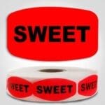 Sweet Label Red Dayglo Sticker on a roll of 1000 labels, reads Sweet in black print on red label
