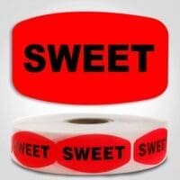 Sweet Label Red Dayglo Sticker on a roll of 1000 labels, reads Sweet in black print on red label