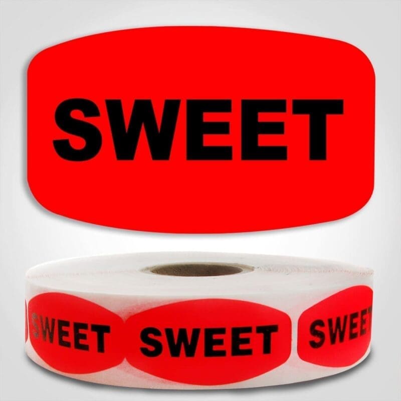 Sweet Label Red Dayglo Sticker on a roll of 1000 labels, reads Sweet in black print on red label