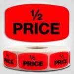 Half Price Label Red Dayglo Sticker on a roll of 1000 labels, reads 1/2 Price in black print on red label