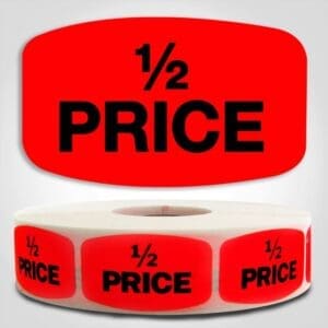 Half Price Label Red Dayglo Sticker on a roll of 1000 labels, reads 1/2 Price in black print on red label