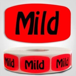 Mild Label Red Dayglo Sticker on a roll of 1000 labels, reads Mild in black print on red label