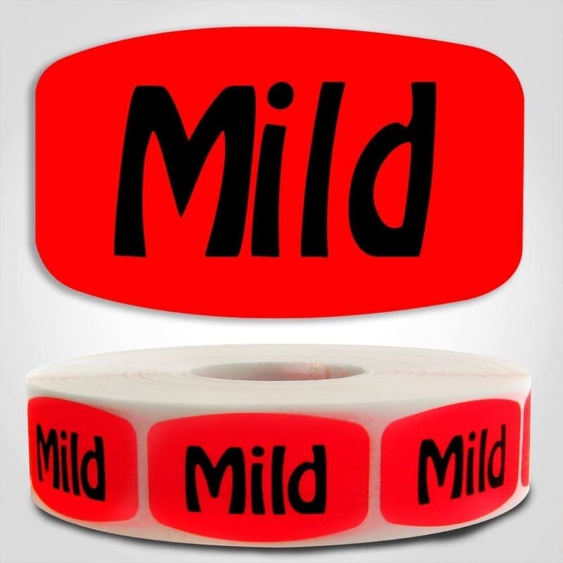 510120-1 Mild Label Red Dayglo Sticker on a roll of 1000 labels, reads Mild in black print on red label