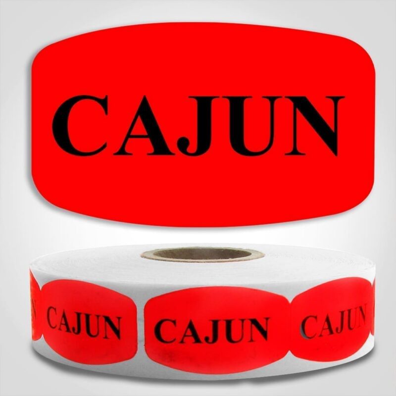 Cajun Label Red Dayglo Sticker on a roll of 1000 labels, reads Cajun in black print on red label