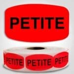 Petite Label Red Dayglo Sticker on a roll of 1000 labels, reads Petite in black print on red label