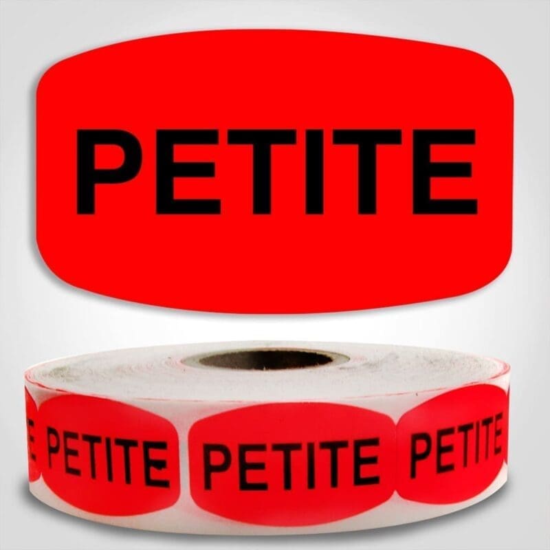 Petite Label Red Dayglo Sticker on a roll of 1000 labels, reads Petite in black print on red label
