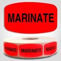 Marinate Label Red Dayglo Sticker on a roll of 1000 labels, reads Marinate in black print on red label