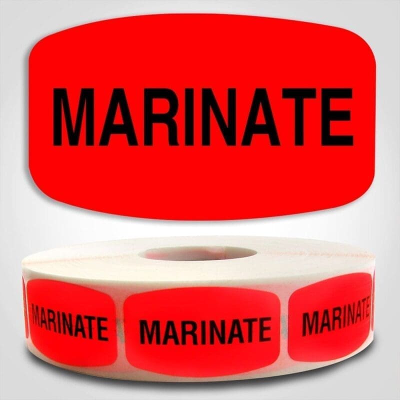 Marinate Label Red Dayglo Sticker on a roll of 1000 labels, reads Marinate in black print on red label