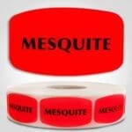 Mesquite Label Red Dayglo Sticker on a roll of 1000 labels, reads Mesquite in black print on red label