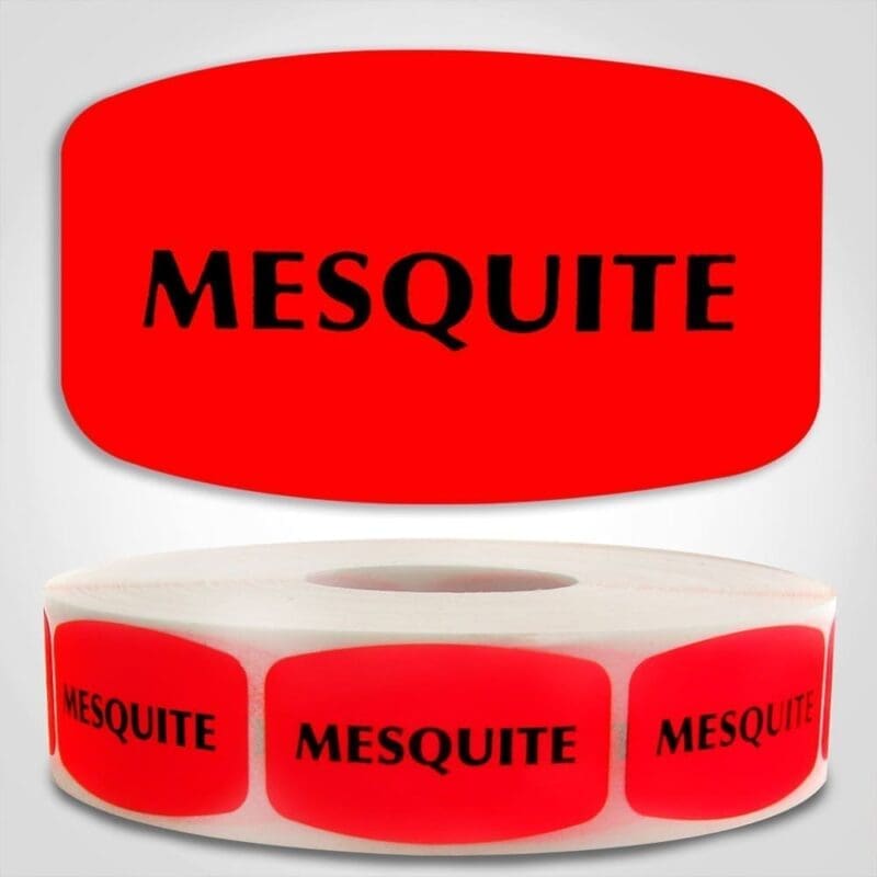 Mesquite Label Red Dayglo Sticker on a roll of 1000 labels, reads Mesquite in black print on red label