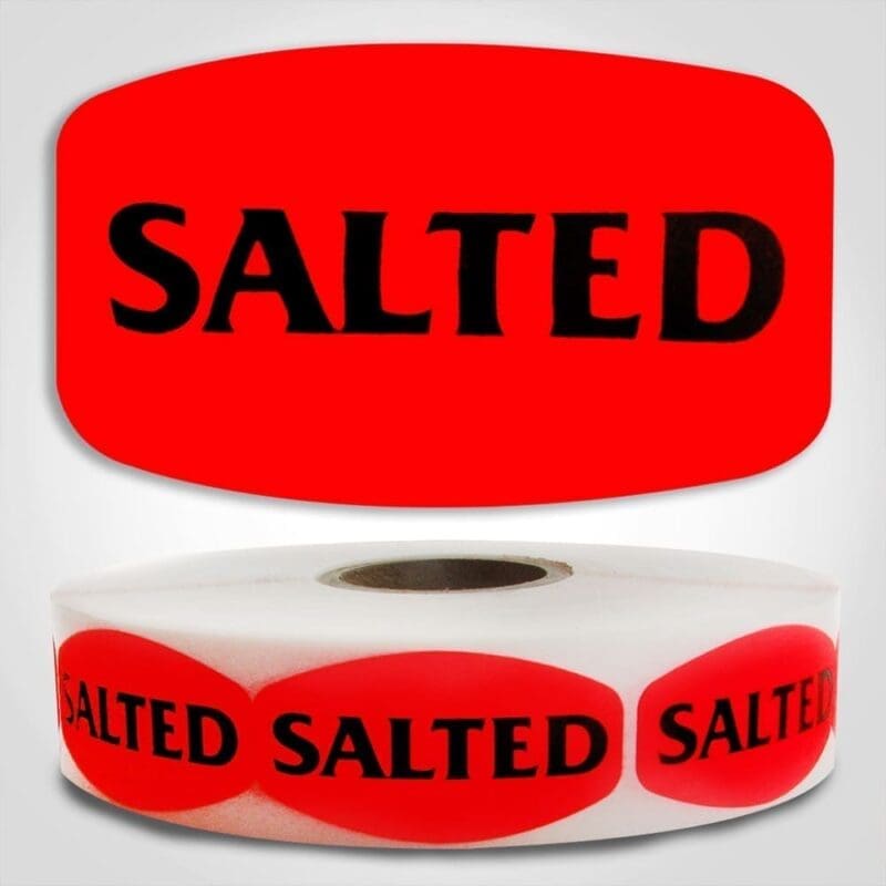 Salted Label Red Dayglo Sticker on a roll of 1000 labels, reads Salted in black print on red label
