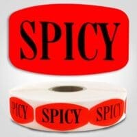 Spicy Flavor Label Red Dayglo Sticker on a roll of 1000 labels, reads Spicy in black print on red label