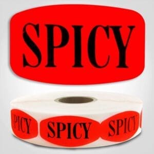 Spicy Flavor Label Red Dayglo Sticker on a roll of 1000 labels, reads Spicy in black print on red label