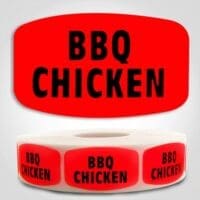 BBQ Chicken Label Red Dayglo Sticker on a roll of 1000 labels, reads BBQ Chicken in black print on red label