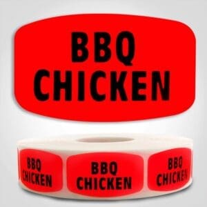BBQ Chicken Label Red Dayglo Sticker on a roll of 1000 labels, reads BBQ Chicken in black print on red label