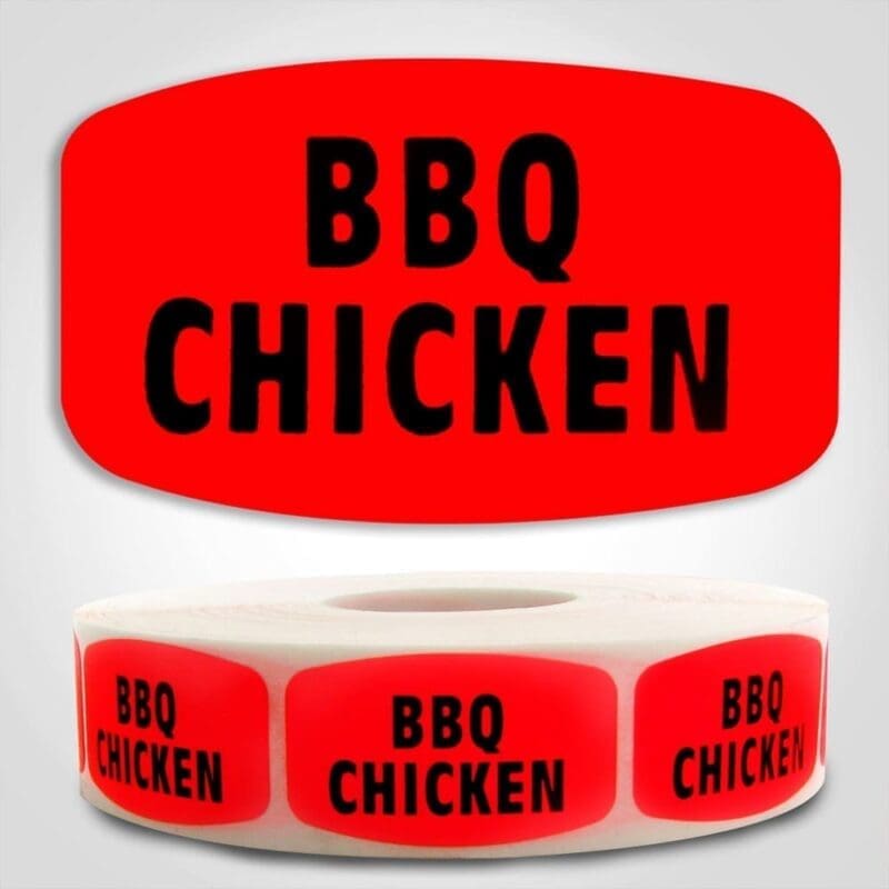 BBQ Chicken Label Red Dayglo Sticker on a roll of 1000 labels, reads BBQ Chicken in black print on red label