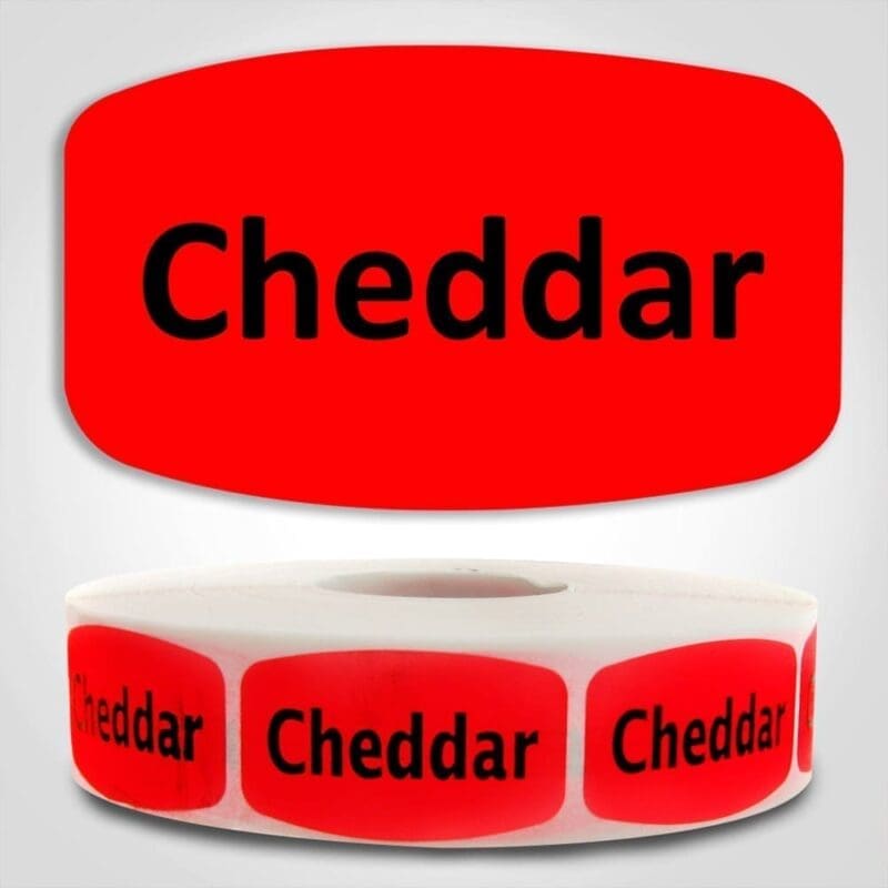 Cheddar Label Red Dayglo Sticker on a roll of 1000 labels, reads Cheddar in black print on red label