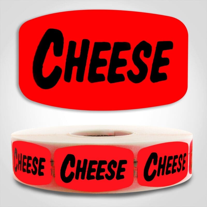 520009-1 Cheese Label Dayglo Red Sticker on a roll of 1000 permanent adhesive