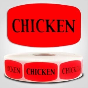 chicken Label Dayglo Red Sticker on a roll of 1000 permanent adhesive