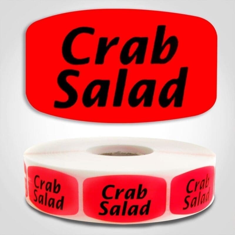Crab Salad Label Red Dayglo Sticker on a roll of 1000 labels, reads Crab Salad in black print on red label