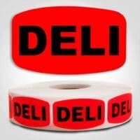 Deli Label Dayglo Red Sticker on a roll of 1000 permanent adhesive