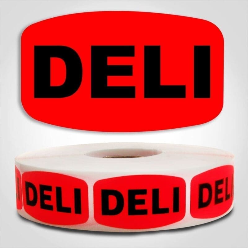 Deli Label Dayglo Red Sticker on a roll of 1000 permanent adhesive