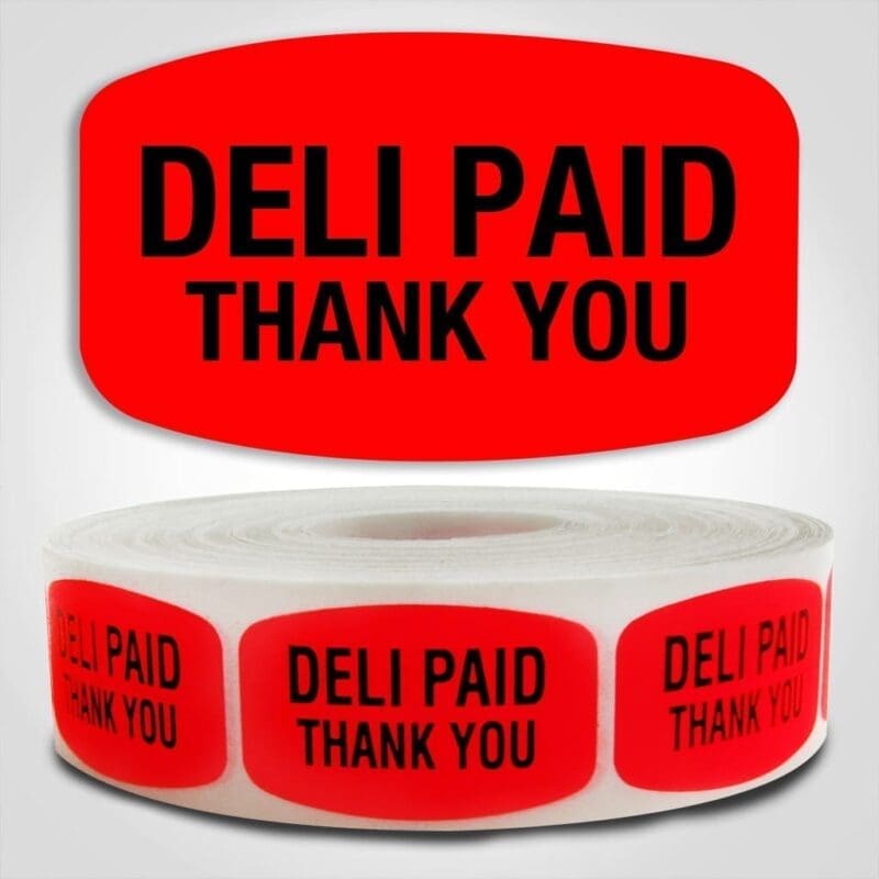 Deli Paid Thank you Label Dayglo Red Sticker on a roll of 1000 permanent adhesive
