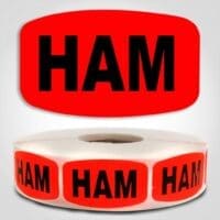 Ham Label Dayglo Red Sticker on a roll of 1000 permanent adhesive