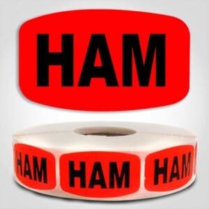 Ham Label Dayglo Red Sticker on a roll of 1000 permanent adhesive