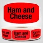 Ham and Cheese Label Dayglo Red Sticker on a roll of 1000 permanent adhesive