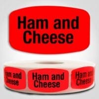 Ham and Cheese Label Dayglo Red Sticker on a roll of 1000 permanent adhesive