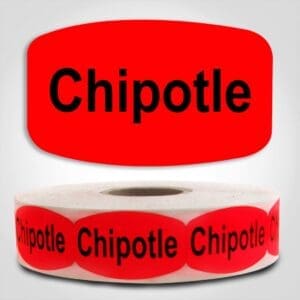 Chipotle Label Dayglo Red Sticker on a roll of 1000 permanent adhesive