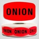 Onion Label Dayglo Red Sticker on a roll of 1000 permanent adhesive
