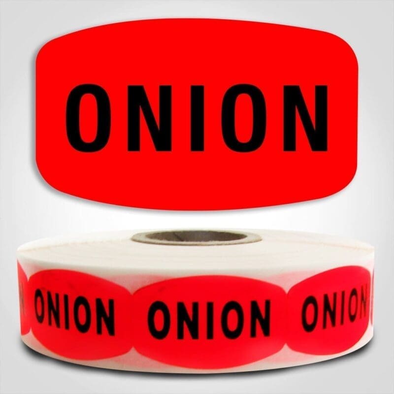 Onion Label Dayglo Red Sticker on a roll of 1000 permanent adhesive