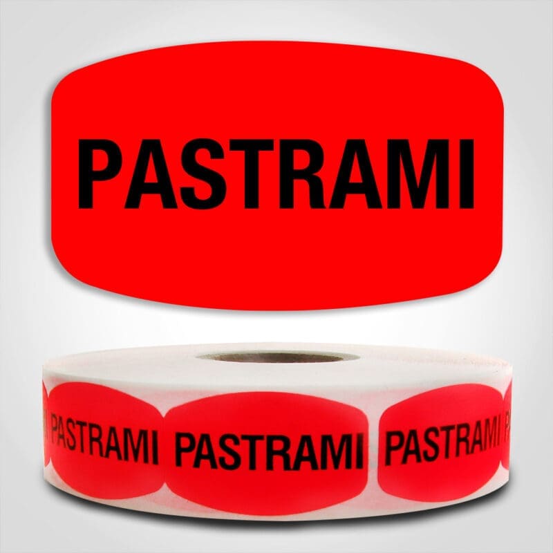 Pastrami Label Dayglo Red Sticker on a roll of 1000 permanent adhesive