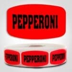 Pepperoni Label Dayglo Red Sticker on a roll of 1000 permanent adhesive