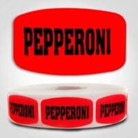 Pepperoni Label Dayglo Red Sticker on a roll of 1000 permanent adhesive