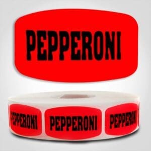 Pepperoni Label Dayglo Red Sticker on a roll of 1000 permanent adhesive