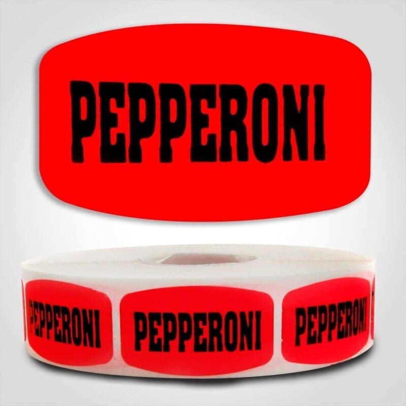 520048-1 Pepperoni Label Dayglo Red Sticker on a roll of 1000 permanent adhesive