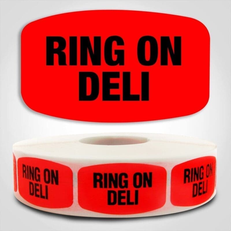 Ring on Deli Label Dayglo Red Sticker on a roll of 1000 permanent adhesive