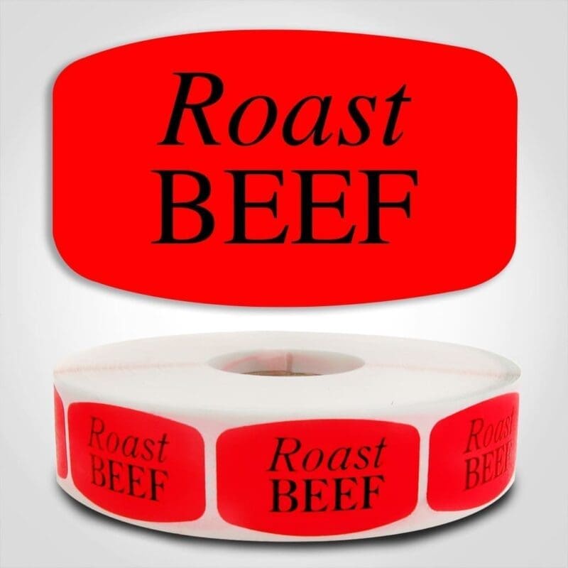 Roast Beef Label Dayglo Red Sticker on a roll of 1000 permanent adhesive
