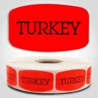 Turkey Label Dayglo Red Sticker on a roll of 1000 permanent adhesive