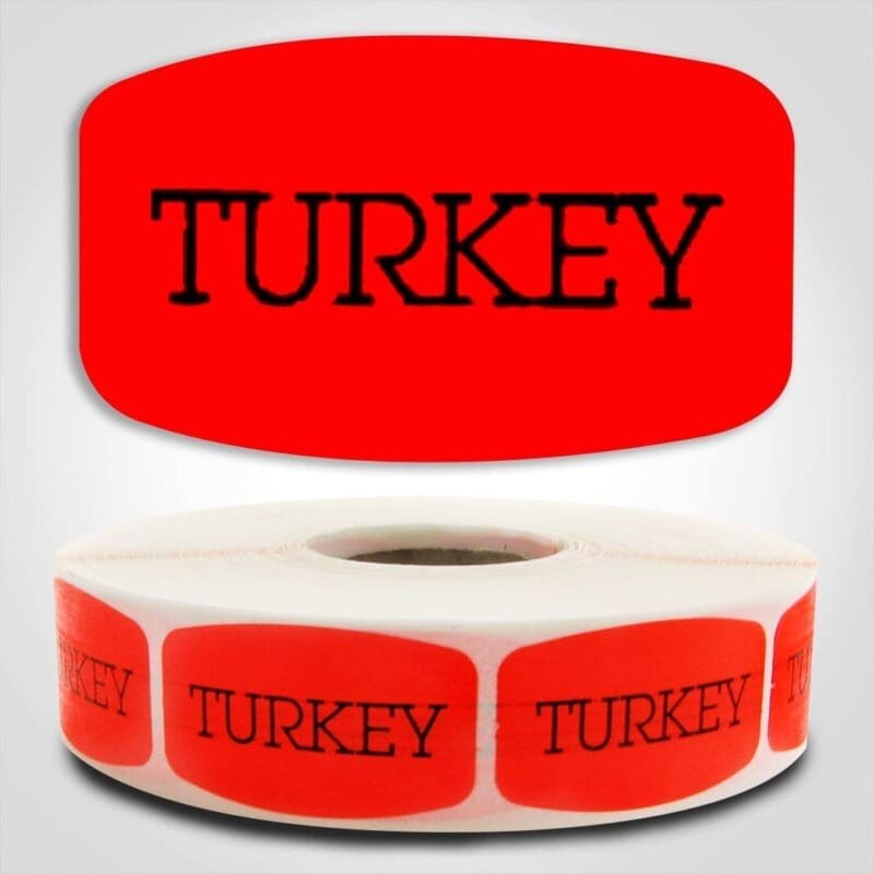 520069-1 Turkey Label Dayglo Red Sticker on a roll of 1000 permanent adhesive