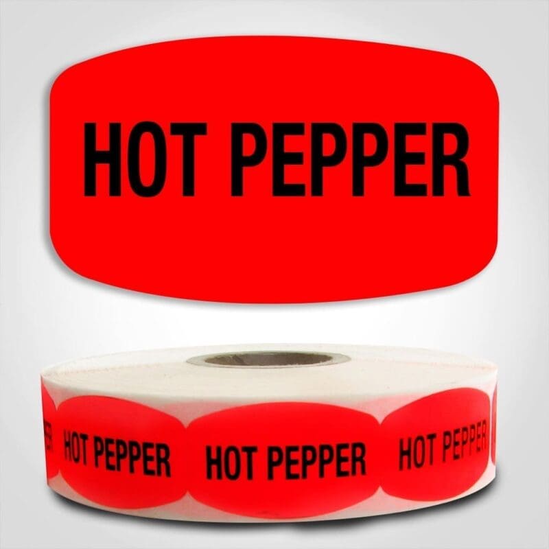 520074-1 Hot Pepper Label Dayglo Red Sticker on a roll of 1000 permanent adhesive