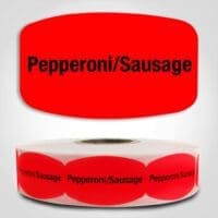 Pepperoni and Sausage Label Dayglo Red Sticker on a roll of 1000 permanent adhesive
